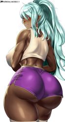 1girl absurdres alternate_costume arcedo ass ass_focus bare_shoulders blush breasts brown_eyes dark-skinned_female dark_skin fire_emblem fire_emblem_heroes from_behind green_hair highres huge_ass large_breasts long_hair looking_at_viewer looking_back nidhoggr_(fire_emblem) nintendo ponytail short_shorts shorts sideboob smile solo sports_bra thick_thighs thighhighs thighs very_long_hair