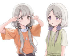 2girls asymmetrical_bangs black_ribbon braid braided_bangs brown_eyes commentary double_v food-themed_necklace green_shirt grey_hair hair_ornament hair_ribbon hair_scrunchie hands_up highres hisakawa_nagi idolmaster idolmaster_cinderella_girls jewelry long_hair look-alike low_twintails mono_(afro) multiple_girls necklace orange_sweater parted_lips purple_eyes purple_scrunchie ribbon scrunchie shikishima_sakurako shiron_23 shirt short-sleeved_sweater short_sleeves simple_background sweater swept_bangs twintails upper_body v v_over_eye white_background white_shirt