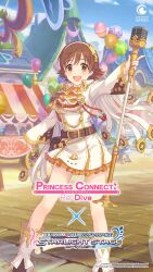 1girl belt boots breasts brown_eyes brown_hair commentary crossover dress english_commentary english_text hairband highres holding holding_staff honda_mio idolmaster idolmaster_cinderella_girls microphone official_art open_mouth princess_connect! skirt staff standing star_(symbol) tongue white_dress