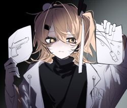 1girl a.i._voice adachi_rei arm_up black_background black_shirt closed_mouth drawing_(object) flat_chest gloves gradient_background grey_hair gun hair_between_eyes hair_ribbon hand_up holding holding_drawing implied_suicide jacket open_clothes open_jacket orange_eyes orange_hair ribbon shihiki shirt side_ponytail solo utau weapon white_gloves white_jacket white_ribbon