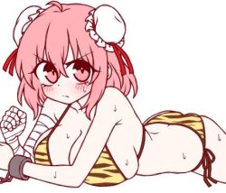 1girl alternate_costume animal_print bandaged_arm bandages bikini blush breasts bun_cover cleavage closed_mouth commentary cowboy_shot double_bun frown hair_bun ibaraki_kasen ketsumaimo large_breasts looking_at_viewer lowres lying medium_hair on_stomach pink_eyes pink_hair print_bikini simple_background solo swimsuit tiger_print touhou v-shaped_eyebrows white_background