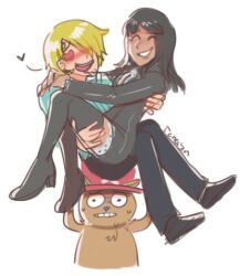 Rule 34 | 1girl, 2boys, artist name, black hair, blonde hair, blunt bangs, carrying, carrying person, closed eyes, fenecsin, heart, heart-shaped pupils, lowres, multiple boys, nico robin, nico robin (water 7), one piece, princess carry, sanji (one piece), simple background, smile, symbol-shaped pupils, tony tony chopper, white background