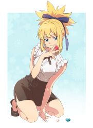 1girl blonde_hair blue_eyes breasts dr._stone frilled_shirt frills full_body hair_ribbon highres kneeling kohaku_(dr._stone) looking_at_viewer miniskirt ponytail poteke ribbon shirt skirt sleeveless sleeveless_shirt smile solo white_shirt
