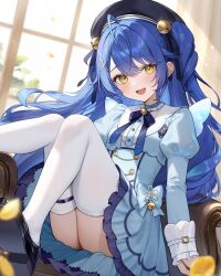 1girl ahoge amamiya_kokoro amamiya_kokoro_(1st_costume) aria_(ariacue) bell beret black_hat black_shoes blue_bow blue_bowtie blue_dress blue_hair blush bow bowtie breasts buttons couch dress fake_wings frilled_dress frills hair_bell hair_between_eyes hair_ornament hair_ribbon hairclip hat highres jingle_bell juliet_sleeves knees_up long_hair long_sleeves looking_at_viewer neck_bell nijisanji on_couch open_mouth puffy_sleeves ribbon school_emblem shirt shoes sleeve_cuffs small_breasts smile solo thigh_strap thighhighs two_side_up virtual_youtuber white_shirt white_sleeve_cuffs white_thighhighs wings wrist_cuffs x_hair_ornament yellow_eyes