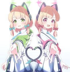 2girls :3 :d absurdres animal_ear_headphones animal_ears aqua_necktie artist_name back-to-back black_tail blonde_hair blue_archive blunt_bangs blush bow buttons cat_ear_headphones cat_ears cat_tail collared_shirt commentary_request curled_fingers dot_nose fake_animal_ears fake_tail from_side green_bow green_eyes green_halo green_jacket gyaru_v hair_bow halo headphones heart heart_tail heart_tail_duo highres hood hood_down hooded_jacket jacket layered_sleeves long_sleeves looking_at_viewer low-tied_sidelocks medium_hair midori_(blue_archive) momoi_(blue_archive) multicolored_jacket multiple_girls necktie o_otomaru off_shoulder open_mouth outstretched_arm parted_bangs pink_eyes pink_halo pink_jacket reaching reaching_towards_viewer red_bow school_uniform shirt siblings sidelocks signature simple_background sisters smile spread_fingers suspenders sweatdrop symmetry tail tail_bow tail_ornament tail_raised tareme turning_head twins twitter_username upper_body v v-shaped_eyebrows wavy_mouth white_background white_jacket white_shirt wide_sleeves