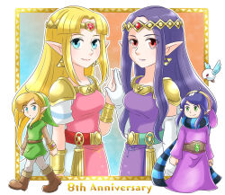 2boys 2girls anniversary aogaeru_(pixiv46613656) armor belt bird blonde_hair blue_belt blue_eyes boots bracelet brown_belt brown_boots circlet commentary commentary_request dress earrings elbow_gloves gloves gold_bracelet green_belt green_eyes green_hat green_tunic hat highres jewelry link long_hair looking_at_viewer multiple_boys multiple_girls nintendo pointy_ears princess_hilda princess_zelda purple_dress purple_hair purple_hat purple_tunic ravio red_belt red_eyes scarf sheerow shoulder_armor shoulder_pads smile striped_clothes striped_scarf the_legend_of_zelda the_legend_of_zelda:_a_link_between_worlds tiara tunic white_gloves