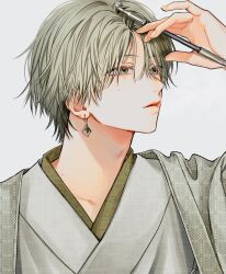1boy collarbone earrings en_(e898n) eyes_visible_through_hair green_eyes grey_hair hair_over_eyes highres holding holding_smoking_pipe japanese_clothes jewelry kimono kiseru looking_to_the_side male_focus mole mole_under_eye nose original parted_lips portrait simple_background slit_pupils smoking_pipe solo white_background white_kimono