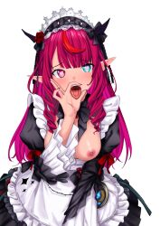 1girl absurdres blue_eyes blunt_bangs blush breasts breasts_out chest_bow dress drill_hair fellatio_gesture frills heart heart-shaped_pupils heterochromia highres hololive hololive_english horns irys_(hololive) irys_(maid)_(hololive) lace-trimmed_collar lace_trim long_hair long_sleeves looking_at_viewer maid medium_breasts multicolored_hair nipples official_alternate_costume official_alternate_hairstyle open_mouth pernethopia pointy_ears puffy_sleeves purple_eyes red_hair sexually_suggestive solo streaked_hair symbol-shaped_pupils tongue tongue_out virtual_youtuber