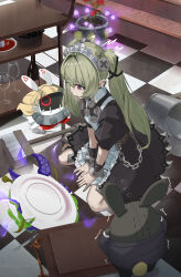 1girl absurdres apron black_dress bottle broom bucket butler_(zenless_zone_zero) chain checkered_floor commentary_request corin_wickes cuffs cup dress drinking_glass dropped_food drusilla_(zenless_zone_zero) flower flower_pot green_hair hair_between_eyes highres koutannkoburia long_hair looking_down maid maid_apron maid_headdress on_floor open_mouth puffy_short_sleeves puffy_sleeves purple_eyes red_flower screw_hair_ornament short_sleeves sitting tentacles trembling twintails wariza wine_bottle wine_glass zenless_zone_zero