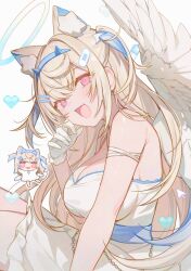 1girl animal_ear_fluff animal_ears arm_strap bare_shoulders blonde_hair breasts cleavage commentary criss-cross_halter dog_ears dress english_commentary extra_ears fang feathered_wings fuwawa_abyssgard gloves hairband halterneck highres hololive hololive_english icomochi large_breasts looking_at_viewer multicolored_hair open_mouth pink_eyes sleeveless sleeveless_dress smile solo spaghetti_strap streaked_hair two_side_up virtual_youtuber white_dress white_gloves wings