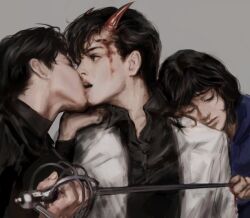 Rule 34 | 1girl, 2boys, black coat, black eyes, black hair, black shirt, blood, blood from forehead, blood on face, blue hoodie, closed eyes, clothing request, coat, collared shirt, demon horns, han sooyoung, highres, hood, hood down, hoodie, horns, kim dokja, leaning on person, looking at another, macaronijail, multiple boys, omniscient reader&#039;s viewpoint, open mouth, popped collar, shirt, short hair, teeth, upper teeth only, white coat, yaoi, yoo joonghyuk