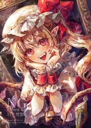 1girl ascot ayatsuki_sugure blonde_hair bow crystal crystal_wings fang fangs flandre_scarlet frilled_shirt_collar frills hat hat_ribbon highres looking_at_viewer mob_cap open_mouth pointy_ears puffy_short_sleeves puffy_sleeves red_eyes red_ribbon ribbon short_sleeves side_ponytail smile solo touhou upper_body wings wrist_cuffs