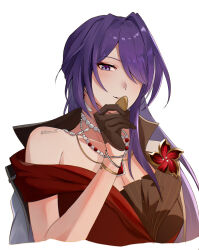 1girl absurdres acheron_(honkai:_star_rail) acheron_(star_rail_live_2025)_(honkai:_star_rail) bare_shoulders black_gloves breasts cleavage collarbone commentary cropped_torso flower gloves hair_over_one_eye highres holding honkai:_star_rail honkai_(series) jewelry large_breasts long_hair looking_at_viewer multicolored_hair necklace official_alternate_costume parted_lips purple_eyes purple_hair red_flower shion_art simple_background smile solo streaked_hair white_background