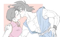 1boy 1girl black_hair chi-chi_(dragon_ball) chinese_clothes commentary_request couple dragon_ball dragonball_z dress earrings family hetero husband_and_wife jewelry kiss kissing_cheek korean_commentary long_hair married mature_female muscular muscular_male pigdragon short_hair simple_background smile son_goku