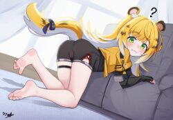 1girl :3 ? absurdres animal_ears ass bare_legs barefoot blonde_hair boppin brown_hair cameltoe closed_mouth colored_inner_hair commentary english_commentary fang fang_out fingerless_gloves flat_chest gloves green_eyes highres jacket ju_fufu loli looking_at_viewer multicolored_hair paid_reward_available soles solo tail thigh_strap tiger_ears tiger_girl tiger_tail toes white_hair yellow_jacket zenless_zone_zero