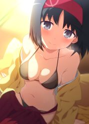 1girl absurdres bikini black_hair blush bra breasts commentary_request creatures_(company) curakuru erika_(pokemon) game_freak hairband hakama highres holding japanese_clothes kimono looking_at_viewer nintendo panties pokemon pokemon_frlg red_hairband short_hair sitting smile solo sweat swimsuit underwear yellow_kimono