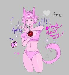 ! !! 1girl animal_ears apple arm_up blush comely_material_morning crop_top english_text feet_out_of_frame firescribe food fruit grey_background grey_eyes heart holding holding_food holding_fruit horse_ears horse_girl horse_race_tests midriff navel panties pink_hair pink_panties pink_shirt pink_tail shirt short_hair simple_background smile solo teeth underwear