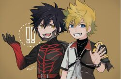 ! !! &gt;:) 2boys armor asymmetrical_armor belt black_bodysuit black_hair black_shirt blue_eyes bodysuit brown_background checkered_clothes commentary_request grin hand_up highres jacket kingdom_hearts kingdom_hearts_birth_by_sleep male_focus multicolored_jacket multiple_boys open_mouth red_belt shirt short_hair short_sleeves shoulder_armor smile spiked_hair standing teeth till-9910 translation_request turtleneck turtleneck_shirt upper_body v-shaped_eyebrows vanitas_(kingdom_hearts) ventus_(kingdom_hearts) waving wristband yellow_eyes