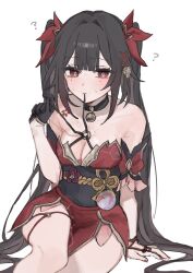 1girl ? bare_shoulders bell black_choker black_gloves black_hair black_sash breasts choker cleavage collarbone detached_sleeves dress facial_mark gloves hand_rest hand_up highres holding_strap honkai:_star_rail honkai_(series) japanese_clothes jingle_bell long_hair looking_at_viewer medium_breasts nail_polish obi red_dress red_eyes red_nails rekka_shinai sash simple_background single_glove sitting solo sparkle_(honkai:_star_rail) twintails very_long_hair white_background