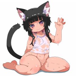 1girl animal_ear_fluff animal_ears barefoot black_hair blush bottomless cat_ears cat_girl closed_mouth eyebrows_hidden_by_hair full_body highres looking_at_viewer medium_hair midriff navel nipples original purple_eyes shirt simple_background sitting slit_pupils smile solo sweat tsukinoha_mio waving wet wet_clothes wet_shirt white_background white_shirt yokozuwari