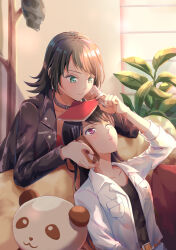 2girls absurdres bang_dream! bang_dream!_it&#039;s_mygo!!!!! black_choker black_hair black_jacket black_shirt blue_eyes blush book book_on_head chinese_commentary choker commentary_request couch cushion earrings highres holding holding_book indoors jacket jewelry juice_box leather leather_jacket long_sleeves mole mole_under_eye multiple_girls object_on_head on_couch one_eye_closed open_clothes open_shirt parted_lips plant potted_plant purple_eyes red_shirt shih_lion shiina_taki shirt smile stuffed_animal stuffed_panda stuffed_toy white_shirt yahata_umiri yuri