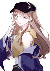 1girl absurdres bang_dream! bang_dream!_it&#039;s_mygo!!!!! baseball_cap black_hat blue_eyes blue_jacket braid chinese_commentary commentary_request crop_top cropped_hoodie earclip hair_ornament hairclip hat highres hood hood_down hoodie index_finger_raised jacket kira_reader long_hair midriff nagasaki_soyo off_shoulder open_clothes open_jacket side_braids simple_background sleeveless sleeveless_hoodie solo white_background yellow_hoodie