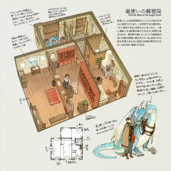 1boy bathroom bed brown_cloak cloak desk dragon dragon_horns dragon_tail dragon_wings floorplan holster horns original post_office rug shelf stove tail thigh_holster window wings wooden_door yoshida_seiji