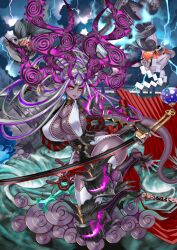 1girl animal arm_at_side arm_up armor asymmetrical_dual_wielding black_sclera black_shrug blue_background blue_fire breasts caustics center-flap_bangs cleavage cloud collared_shrug colored_sclera colored_skin curvy dual_wielding eyeshadow facial_mark fate/grand_order fate_(series) fingernails fire fish fishnet_top fishnets floating floating_hair full_body game_cg green_nails grey_hair hair_rings holding holding_sword holding_weapon honjou_raita horns huge_breasts huge_horns ibuki_douji_(fate) ibuki_douji_(malevolent_midsummer_goddess)_(fate) ibuki_douji_(swimsuit_berserker)_(fate) japanese_armor katana kusanagi_no_tsurugi_(fate) leg_armor legs_up lightning long_fingernails long_hair long_pointy_ears long_sidelocks long_toenails looking_at_viewer makeup multicolored_hair multiple_horns official_art outstretched_foot overcast parted_lips pink_eyeshadow pink_fire pinky_out pointy_ears purple_hair purple_skin red_eyes shide shrug_(clothing) sidelocks sidelocks_tied_back sky solo stirrup_legwear stone_lantern storm streaked_hair sword thighhighs third-party_source toeless_legwear toenails unsheathed variant_set waist_cape water weapon white_thighhighs