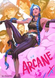3boys 4girls arcane:_league_of_legends arcane_jinx arcane_vi beard black_boots black_eyeshadow black_gloves black_hair blue_hair boots braid breasts character_request cloud_tattoo commentary dark-skinned_male dark_skin dreadlocks dual_persona ekko_(league_of_legends) elbow_gloves eyeshadow facepaint facial_hair felicia_(arcane) fingerless_gloves firelight_ekko frown gloves highres hip_tattoo jinx_(league_of_legends) league_of_legends long_hair low_twin_braids makeup medium_breasts multiple_boys multiple_girls panprika11 pants pink_eyes powder_(arcane) purple_lips red_hair shoulder_tattoo silco_(arcane) striped_clothes striped_pants tattoo torn_clothes torn_pants twin_braids twitter_username vertical-striped_clothes vertical-striped_pants very_long_hair vi_(league_of_legends) white_hair