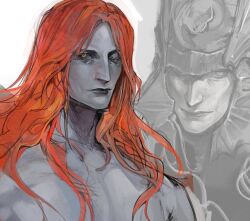 Rule 34 | black lips, colored eyelashes, colored skin, commentary, elden ring, elden ring: shadow of the erdtree, english commentary, grey skin, greyscale, helmet, light smile, long hair, messmer the impaler, monochrome, multiple views, muscular, one eye closed, portrait, red hair, shiyado, topless male, wavy hair, white background