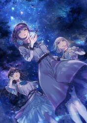 Rule 34 | 3girls, :d, absurdres, artist name, asterism (love live!), beret, black hat, blue ribbon, bob cut, breasts, brown hair, character name, closed mouth, commentary, constellation, dream believers, dress, feet out of frame, flower, frilled dress, frills, fujishima megumi, green eyes, grey hair, hair bun, hair flower, hair ornament, hat, highres, inverted bob, kuzia (atarayo), layered dress, link! like! love live!, long hair, looking at viewer, looking up, love live!, medium breasts, medium dress, multicolored hair, multiple girls, neck ribbon, night, night sky, official alternate costume, open mouth, otomune kozue, pink dress, purple eyes, purple hair, red flower, red hair, ribbon, shooting star, short hair, side ponytail, sidelocks, signature, single side bun, sky, smile, song name, standing, star (sky), starry sky, streaked hair, tassel, tassel hair ornament, virtual youtuber, watermark, white dress, yugiri tsuzuri