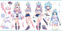 1girl ahoge animal_ears belt black_choker black_footwear black_socks blue_eyes blue_hair blue_skirt breasts cat_ears cat_girl cat_tail reference_sheet choker cleavage closed_mouth coat collar crop_top detached_sleeves from_side halterneck highres hong_(white_spider) indie_virtual_youtuber kneehighs lanmewko large_breasts long_hair long_sleeves looking_at_viewer loose_belt midriff miniskirt multicolored_hair multiple_belts multiple_views navel off_shoulder official_alternate_costume official_art open_clothes open_coat pleated_skirt prehensile_hair shirt shoes single_kneehigh single_sock skirt sleeveless sleeveless_shirt smile socks spaghetti_strap stomach strap_gap streaked_hair tail thighs twintails two-tone_hair virtual_youtuber white_coat white_shirt