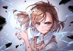 1girl blurry blurry_background blurry_foreground blush bob_cut breasts brown_eyes brown_sweater_vest close-up closed_mouth coin collarbone commentary debris depth_of_field dress_shirt electricity electrokinesis english_commentary fantasy film_grain floating_clothes floating_hair flower gradient_background hair_flower hair_ornament hair_strand hand_up highres looking_at_viewer maple maple_(maplehy) medium_hair messy_hair misaka_mikoto portrait psychic school_uniform science_fiction shirt short_hair short_sleeves small_breasts smile smug summer_uniform sweater_vest swept_bangs toaru_kagaku_no_railgun toaru_majutsu_no_index tokiwadai_school_uniform tossing v-shaped_eyebrows white_flower white_shirt wind