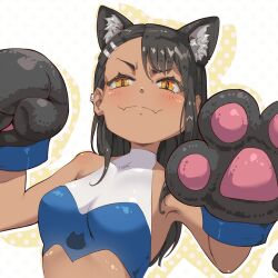 1girl animal_ears animal_hands black_gloves black_hair blush breasts cat_ears cat_tail cheerleader closed_mouth commentary evil_smile fang gloves holding holding_pom_poms ijiranaide_nagatoro-san jk_arts long_hair looking_at_viewer midriff miniskirt nagatoro_hayase navel orange_eyes paw_gloves pom_pom_(cheerleading) pom_poms skin_fang skirt smile solo tail upper_body