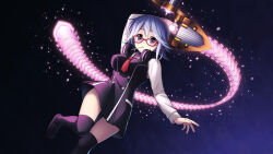 1girl arm_behind_head arm_up black_shoes black_thighhighs blue_hair chaos;child d-sword dress_vest glasses glowing glowing_sword glowing_weapon hair_between_eyes headphones headphones_around_neck hekiho_academy hekiho_academy_school_uniform holding holding_sword holding_weapon huge_weapon kazuki_hana light_particles loafers lollipop_in_mouth long_sleeves looking_at_viewer miniskirt open_mouth red-framed_eyewear sailor_collar sailor_shirt school_uniform shirt shoes short_hair skirt solo sword taba_neruko thick_thighs thighhighs thighs weapon white_shirt wide_hips zettai_ryouiki