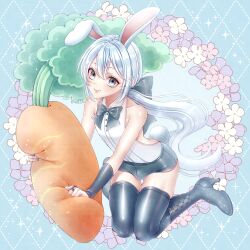 Rule 34 | 1boy, absurdres, androgynous, animal ears, bare shoulders, black boots, black bow, black bowtie, black bridal gauntlets, black shorts, black thighhighs, blue background, boots, bow, bowtie, bridal gauntlets, bulge, commentary request, dragon quest, dragon quest x, floating hair, flower, grey eyes, grey nails, hair bow, hero (dq10), highres, holding, holding stuffed toy, knees together feet apart, kuro11 222, long hair, looking at viewer, low ponytail, male focus, male playboy bunny, ponytail, rabbit boy, rabbit ears, rabbit tail, shirt, shorts, skindentation, sleeveless, sleeveless shirt, smile, solo, sparkle, stuffed carrot, stuffed toy, tail, thighhighs, trap, white hair, white shirt