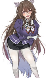 1girl animal_ears ashigara_(kancolle) ashigara_kai_ni_(kancolle) blush breasts brown_eyes brown_hair chamumi_(mochiumee) cowboy_shot elbow_gloves fangs gloves hair_between_eyes hairband highres jacket kantai_collection large_breasts long_hair looking_at_viewer miniskirt multicolored_neckerchief neckerchief open_mouth pantyhose pencil_skirt print_neckerchief purple_jacket skirt smile solo tail uniform very_long_hair wavy_hair white_background white_gloves white_hairband white_pantyhose wolf_ears wolf_tail