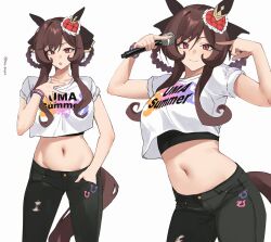 Rule 34 | 1girl, absurdres, animal ears, black pants, braid, braided hair rings, brown hair, brown tail, closed mouth, clothes writing, commentary, crop top, crop top overhang, cropped shirt, ear covers, ear ornament, gentildonna (umamusume), hair rings, hands up, highres, holding, holding microphone, horse ears, horse girl, horse tail, long hair, looking at viewer, microphone, midriff, multiple views, navel, open mouth, pants, pinepin, red eyes, shirt, short sleeves, sidelocks, simple background, sleeves rolled up, symbol-only commentary, tail, uma summer (umamusume), umamusume, white background, white shirt