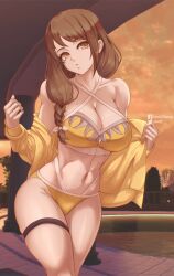 1girl alternate_costume bikini braid breasts brown_hair cleavage coat commentary cowboy_shot criss-cross_halter english_commentary facebook_logo facebook_username fire_emblem fire_emblem_engage goldmary_(fire_emblem) halterneck highres johncgz large_breasts long_hair looking_at_viewer mole mole_on_breast navel nintendo ribbon side_ponytail sideboob solo stomach swimsuit twitter_logo twitter_username white_ribbon yellow_bikini yellow_coat yellow_eyes
