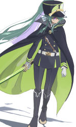 1girl alternate_costume anime_coloring belt black_boots black_cape black_hat black_jacket black_pants boots brown_belt cape closed_mouth colored_inner_hair cosplay expressionless finana_ryugu fins floating_hair gloves green_cape green_hair hair_over_one_eye hat head_fins high_ponytail holding holding_sword holding_weapon hyakuya_yuuichirou hyakuya_yuuichirou_(cosplay) jacket knee_boots looking_to_the_side military_jacket military_uniform multicolored_hair nijisanji nijisanji_en npppiyo pants ponytail purple_eyes purple_hair sam_browne_belt shako_cap sidelocks solo sword two-tone_cape virtual_youtuber walking weapon white_background white_belt white_gloves wind