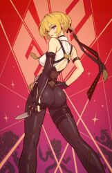 april_jubilees arm_strap black_pants chest_harness elbow_gloves evelyn_chevalier gloves hair_up half_gloves harness highres latex_pants long_ribbon looking_at_viewer necktie pants ring_hair_ornament single_elbow_glove single_half_glove tight_clothes tight_pants uneven_bangs yellow_necktie zenless_zone_zero