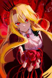 1girl ascot black_skirt blonde_hair blood breasts closed_mouth collared_shirt cowboy_shot crown don_quixote_(project_moon) floating_hair flower gem hair_between_eyes hair_flower hair_ornament hand_up highres holding holding_flower jacket large_breasts limbus_company long_hair long_sleeves looking_at_viewer nail_polish open_clothes open_jacket pink_gemstone polu1007 project_moon red_background red_eyes red_flower red_jacket red_nails red_rose rose shirt sidelocks simple_background skirt solo standing white_ascot white_shirt