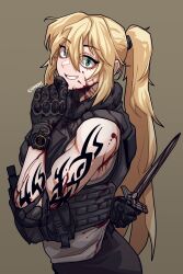1girl absurdres arm_behind_back arm_tattoo bandaid bandaid_on_face bandaid_on_nose black_pants blonde_hair blood blood_on_arm blood_on_clothes blood_on_face blue_eyes brown_background bulletproof_vest dagger epakim grey_shirt hair_between_eyes hand_to_own_mouth high_ponytail highres holding holding_dagger holding_knife holding_weapon knife long_hair looking_at_viewer lying original pants ponytail shirt sidelocks simple_background sleeveless sleeveless_shirt smile solo tattoo twitter_username very_long_hair watch weapon