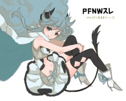 Rule 34 | 1girl, artist request, bad drawr id, bad id, bare arms, black horns, black thighhighs, blue bow, blue cape, blue hair, boots, bow, breasts, brown eyes, cape, character request, closed mouth, copyright name, crop top, diamond cutout, floating hair, footwear bow, grey boots, high heel boots, high heels, horns, long hair, looking at viewer, navel, oekaki, pixiv fantasia, pixiv fantasia new world, pointy ears, sidelocks, sideways glance, sitting, skirt, small breasts, smile, solo, tail, thighhighs, white background, white skirt