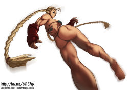 1girl ahoge antenna_hair ass back barefoot bikini blonde_hair blue_eyes braid breasts cammy_white capcom female_focus fingerless_gloves gloves highres irving-zero kicking long_hair medium_breasts motion_blur muscular muscular_female panties scar simple_background solo street_fighter swimsuit thick_thighs thighs thong thong_bikini toned twin_braids underboob underwear white_background