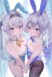 2girls anger_vein animal_ears asymmetrical_docking black_hairband blue_ribbon blush bracelet breast_press breasts collar commentary_request firefly_(honkai:_star_rail) flat_chest green_pupils grey_hair hair_between_eyes hair_ornament hair_ribbon hairband highres holding_hands honkai:_star_rail honkai_(series) jewelry large_breasts leotard multicolored_eyes multicolored_hair multiple_girls neck_ribbon neckerchief open_mouth orange_neckerchief pantyhose pekokota playboy_bunny rabbit_ears ribbon silver_wolf_(honkai:_star_rail) strapless strapless_leotard sweatdrop thighhighs translation_request two-tone_eyes white_collar