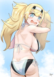 1girl akashieru ass bikini blonde_hair blue_eyes breasts commentary_request from_behind gambier_bay_(kancolle) highres kantai_collection large_breasts long_hair looking_at_viewer looking_back multicolored_bikini multicolored_hair open_mouth side-tie_bikini_bottom solo swimsuit wavy_hair wavy_mouth