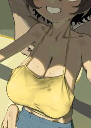 Rule 34 | 1boy, 1girl, bare arms, bare shoulders, blue shorts, breasts, camisole, closed mouth, collarbone, denim, denim shorts, grin, head out of frame, highres, large breasts, oppai loli, original, sagging breasts, shikisokuzeku76, short shorts, shorts, smile, sweat, yellow camisole