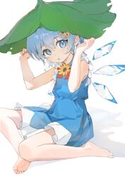 Rule 34 | 1girl, bare shoulders, barefoot, blue dress, blue eyes, blue hair, bow, bowtie, cirno, detached wings, dress, flower, frilled dress, frills, hair flower, hair ornament, hands on headwear, highres, ice, ice wings, knees, leaf, leaf on head, light blush, looking to the side, medium hair, open mouth, red bow, red bowtie, shadow, sitting, siyumu, sleeveless, sleeveless dress, solo, sunflower, touhou, white background, wings