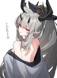 1girl arknights back bare_shoulders black_horns breasts commentary crying_emoji emoji from_above from_behind grey_hair grey_kimono highres horn/wood horns japanese_clothes kimono large_breasts large_horns long_hair looking_at_viewer looking_back matoimaru_(arknights) matoimaru_(frosted_steps)_(arknights) off_shoulder official_alternate_costume oni parted_lips pointy_ears ponytail red_eyes short_eyebrows simple_background solo translated upper_body white_background